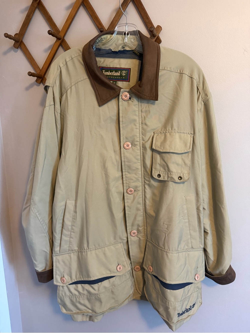 Vintage Timberland Weathergear Field Jacket Leather Collar Barn Coat Beige M